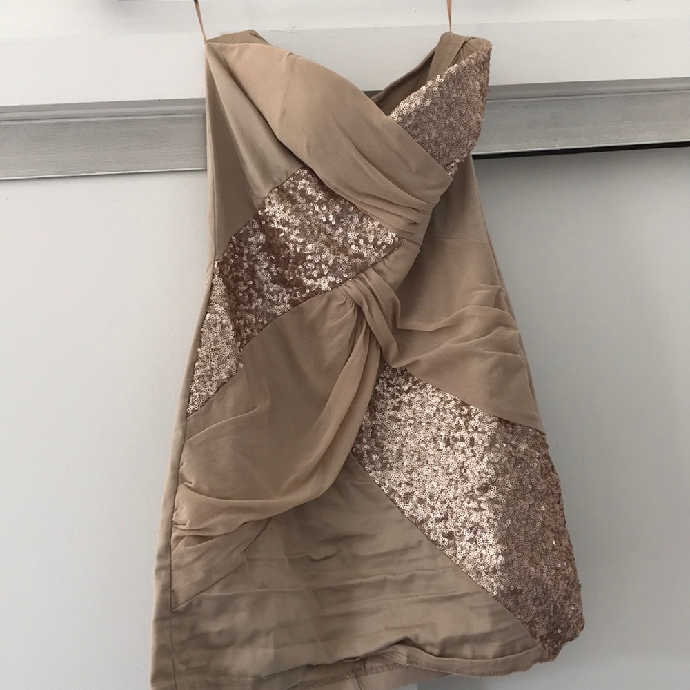 Strapless gold dress from ASOS (Elise Ryan)